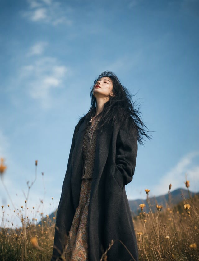 Cinematic minimalist portrait of a beautiful young East Asian woman standing alone in an open wildfl