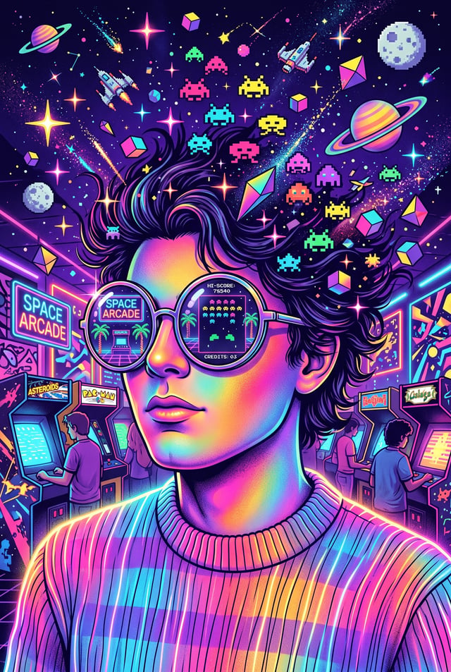 A mind-bending, psychedelic 80s arcade illustration centered around a person wearing oversized, refl