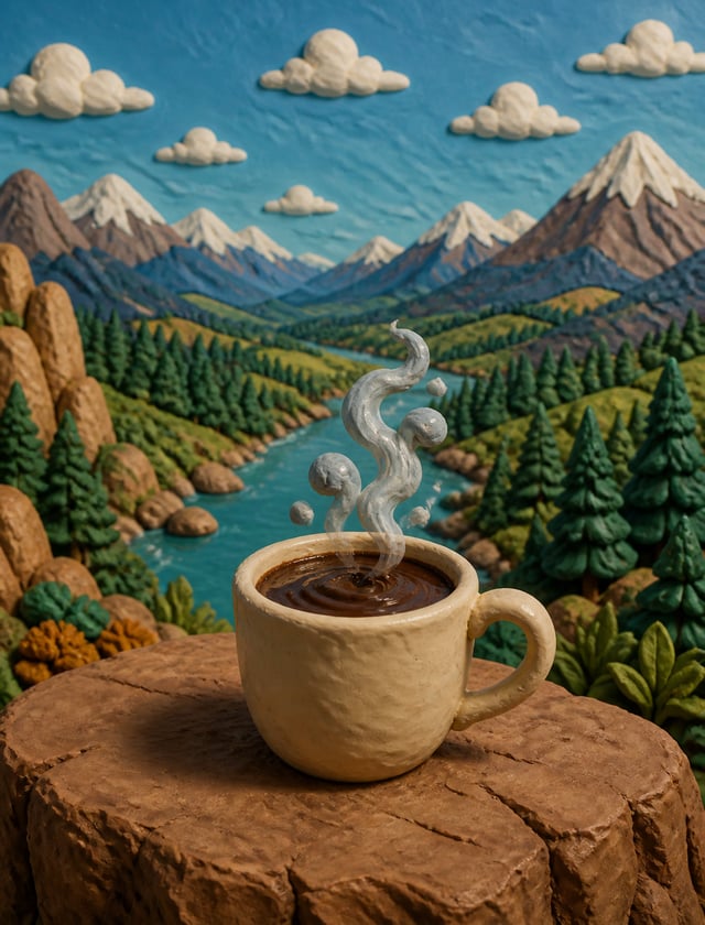 Unmute[DOUGHMOTION PROMPT EXPANDER] The Claymation Coffee Vista - Morning Genesis" Visual and Art Di