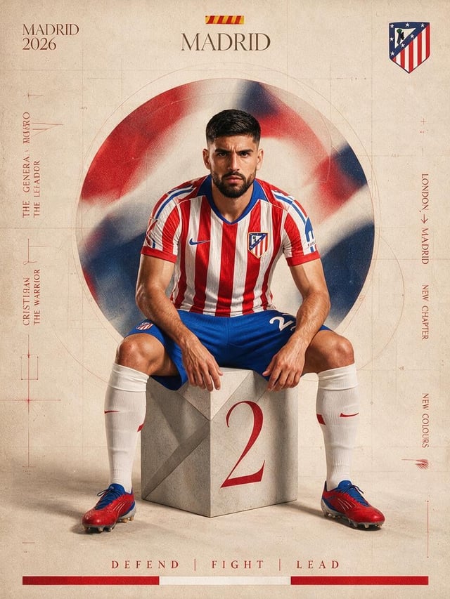 Create an ultra-detailed premium football transfer portrait poster featuring Cristian Romero as the 