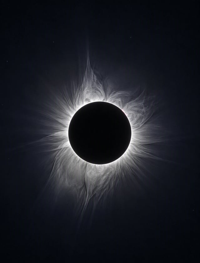 Photorealistic astrophotography. A total solar eclipse at the moment of totality, the pitch-black mo