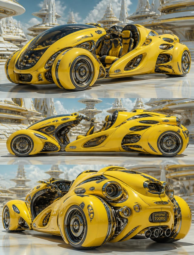a yellow coated very big broad and extensive built trike with vehicle architecture that has very ori
