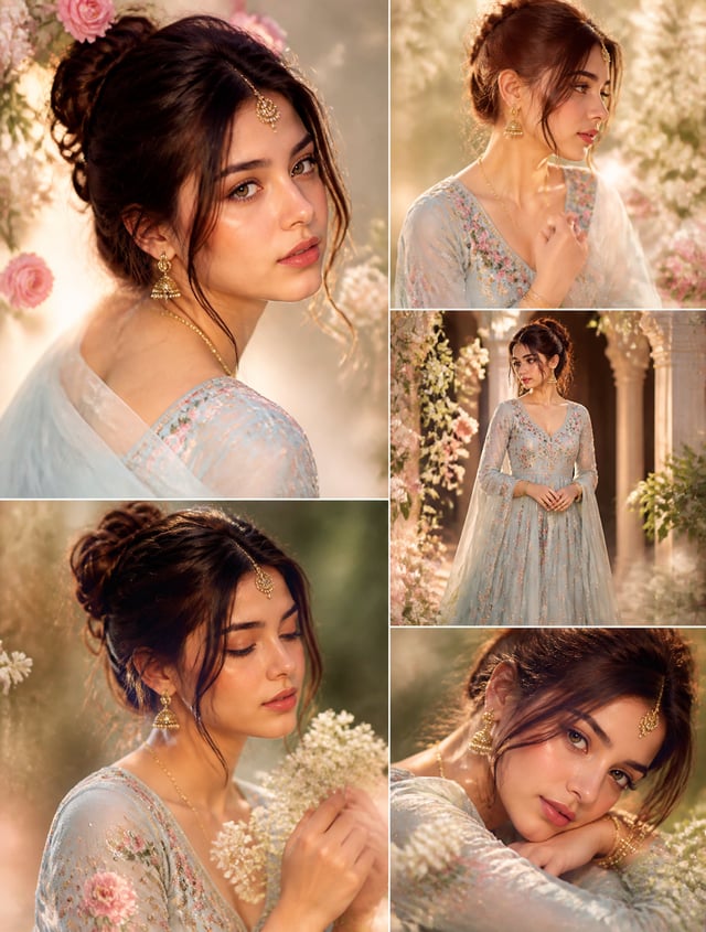Create a dreamy aesthetic portrait collage of a beautiful young Indian girl wearing a soft pastel ba