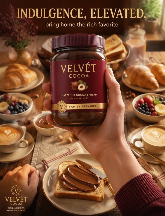 Create a flagship commercial advertising poster for an original hazelnut cocoa spread brand named "V