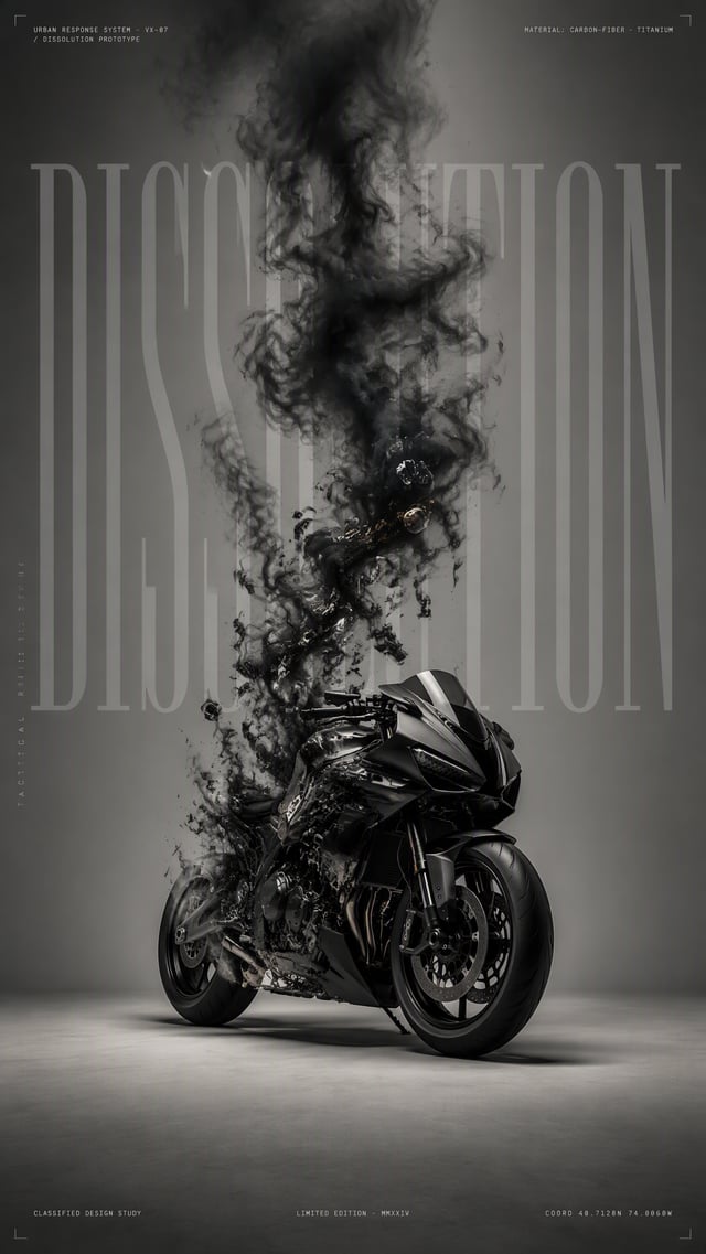 A highly sophisticated conceptual fashion-editorial photograph of a futuristic superbike standing co