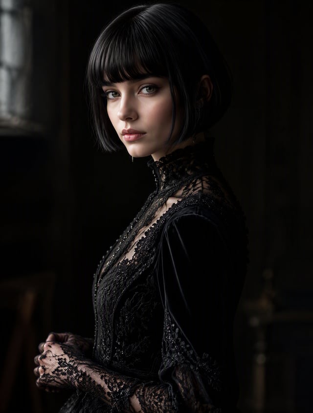 A Fair skin tone young woman with a sleek black bob and blunt fringe stands in three-quarter profile