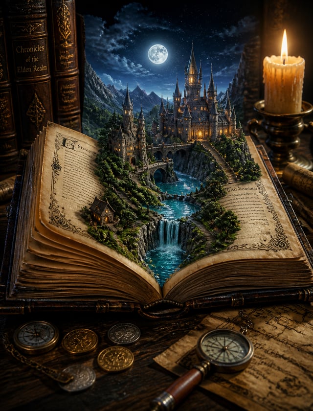 A cinematic 3D render of a scene where an old, ornate book is open to reveal a miniature, fantastica