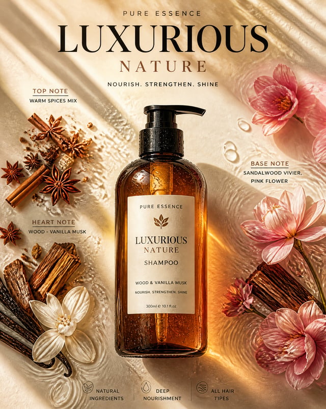 Editorial shampoo photography poster lay design . studio design set: Top note:  warm spices mix, Hea