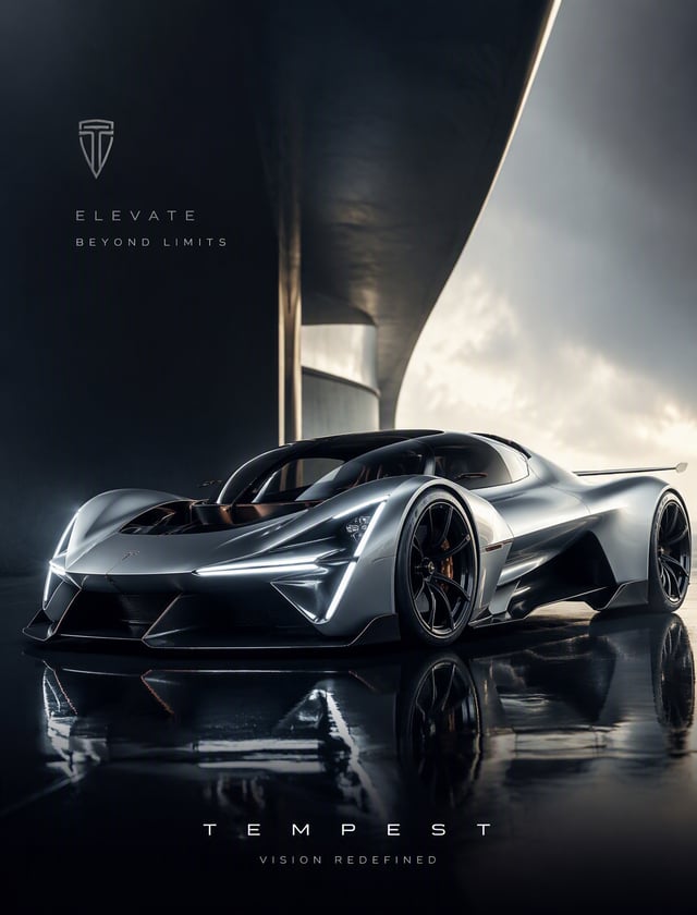 Create a breathtaking premium automotive advertising poster featuring an original futuristic luxury 