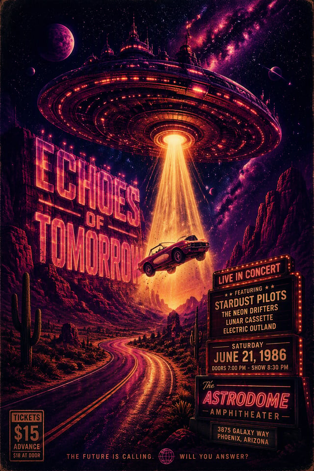 A dramatic, retro-futuristic concert poster featuring a giant, glowing neon space station hovering a