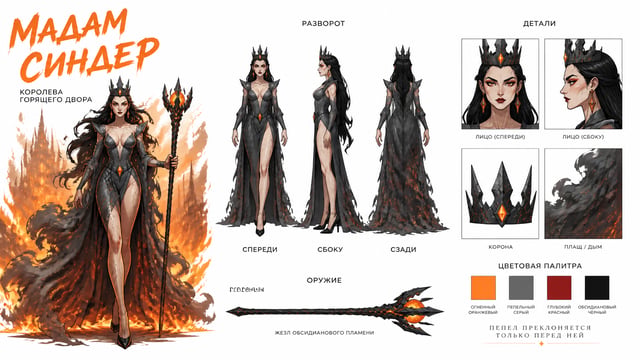 Create a premium cinematic character bible sheet for a villain named MADAME CINDER. Use the uploaded