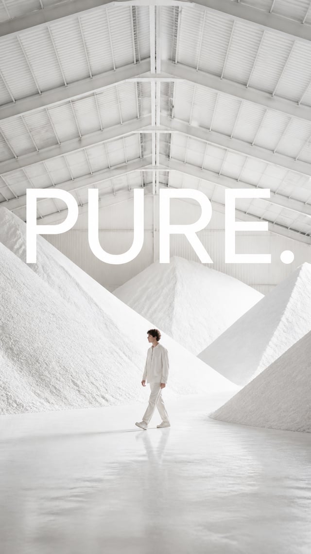 Premium editorial campaign.Main Subject: Young man inside a minimalist salt warehouse.Creative Direc