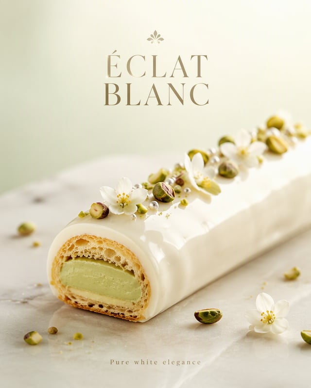 Create an ultra-premium dessert advertising poster for a fictional patisserie "ÉCLAT BLANC". FORMAT: