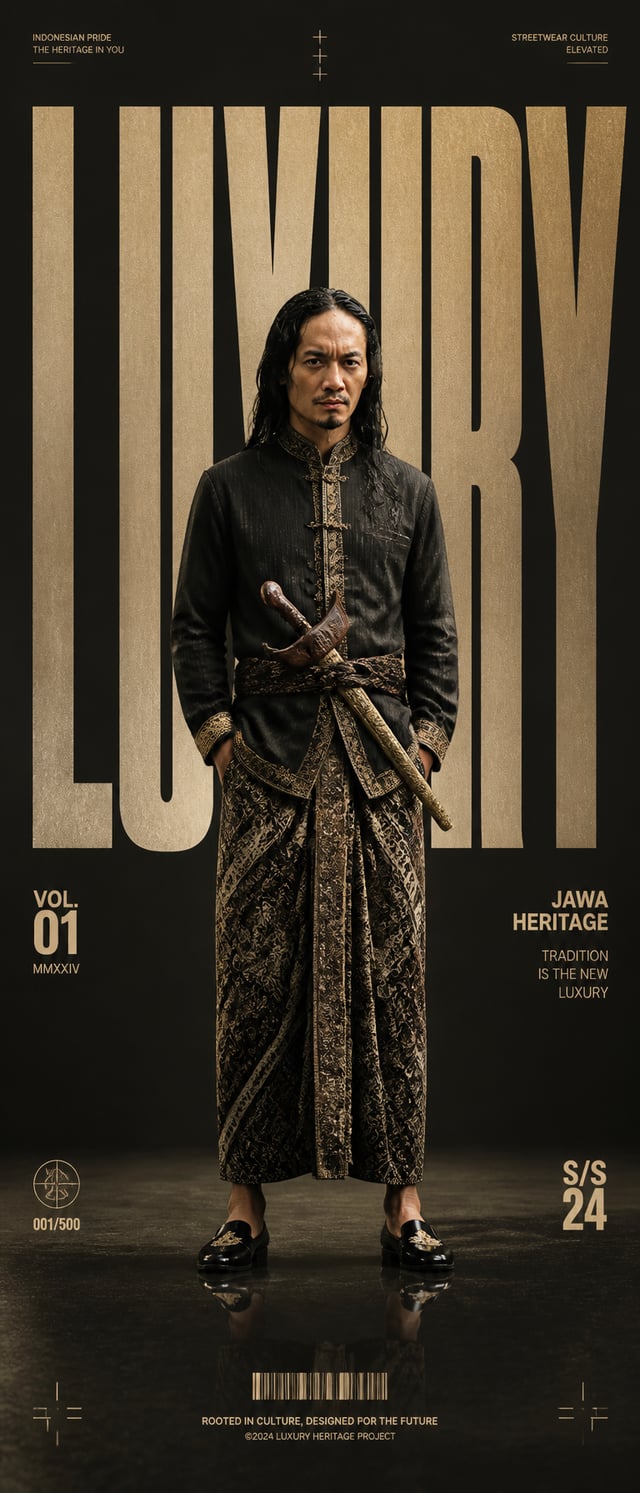 “Buat poster editorial fesyen kelas premium bertema ‘LUXURY’ dengan gaya majalah streetwear Indonesi