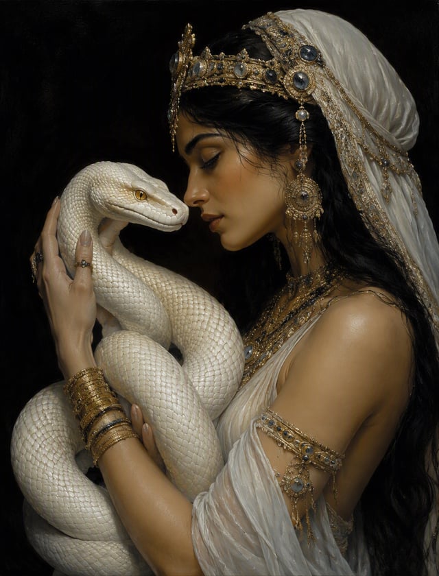 A mesmerizing hyper-realistic oil painting captures a serene young woman dressed as a priestess, ten