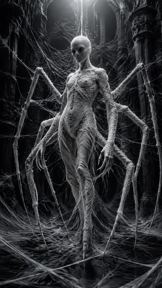 A humanoid figure entirely woven from thick white silk threads, with hollow eye sockets, his limbs s