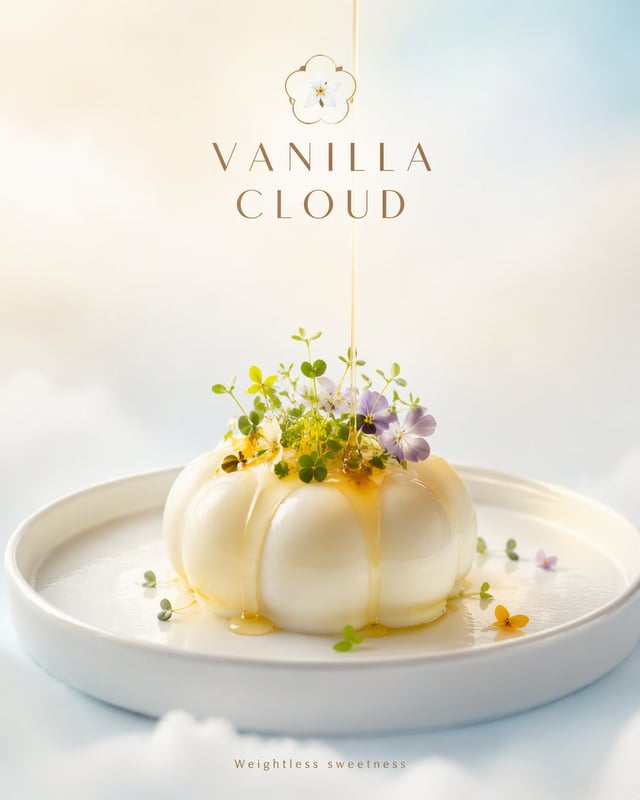 Create an ultra-premium dessert advertising poster for a fictional café "VANILLA CLOUD". FORMAT: 4:5