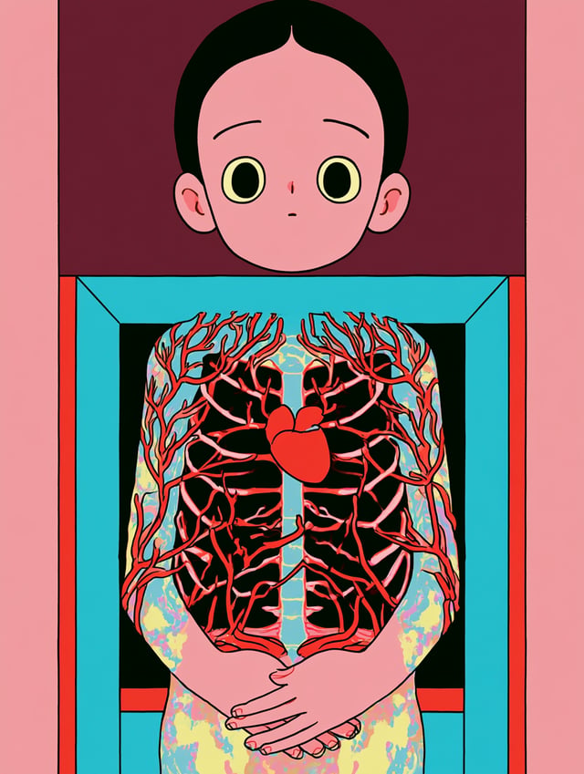 A surreal anatomical portrait presents a pale, childlike female figure facing forward, her cropped f