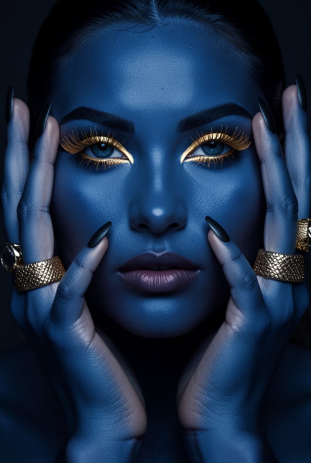 High-fashion beauty portrait, deep blue-toned skin, thick metallic gold eyelashes, hands framing fac