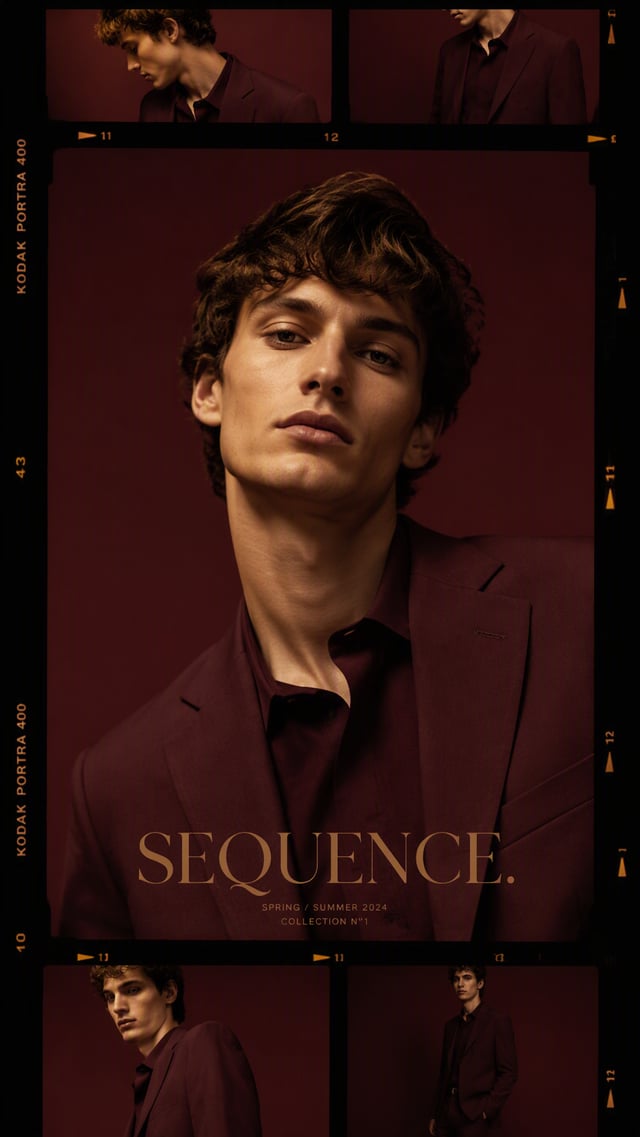 Premium editorial campaign.Main Subject: Young male model wearing a muted burgundy suit.Creative Dir