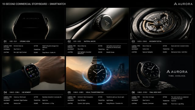 Create a 10-second cinematic product commercial storyboard for умных часов. Include six timed shots: