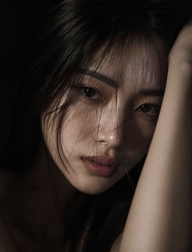 ultra-realistic close-up portrait of a beautiful young woman with long straight dark hair, messy str