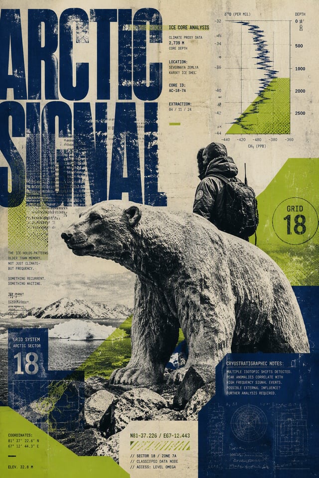 A large-format experimental poster. The central image is a high-contrast, distressed photograph of a