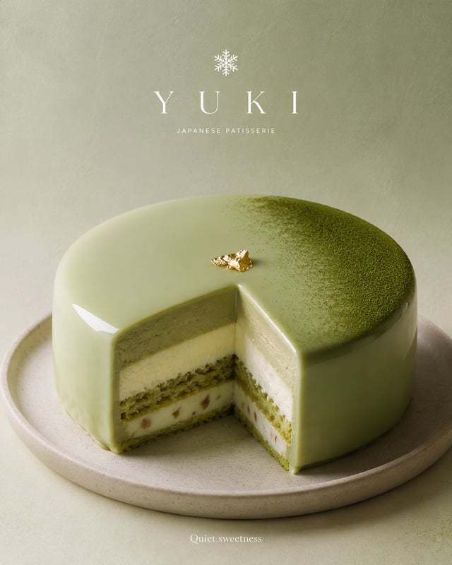 Create an ultra-premium dessert advertising poster for a fictional Japanese patisserie "YUKI". FORMA