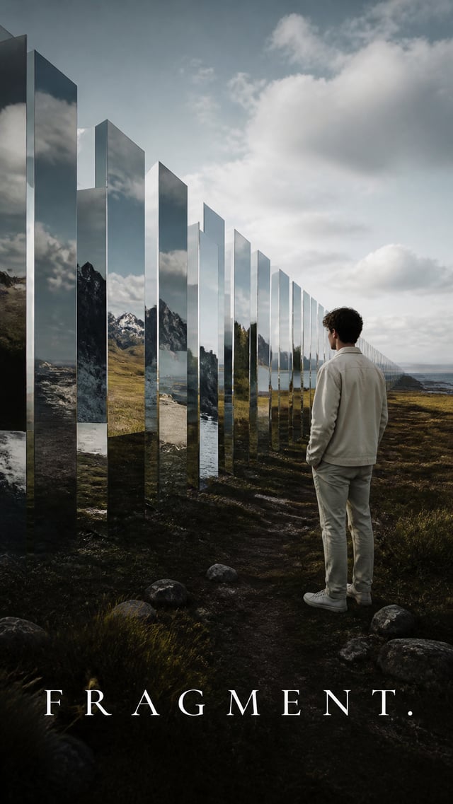 Premium editorial campaign.Main Subject: Young man standing beside a giant field of perfectly aligne