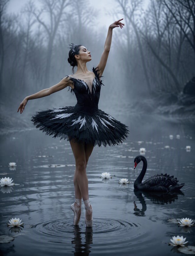 A ballerina gracefully dancing in the middle of a tranquil body of water surrounded by a misty fores