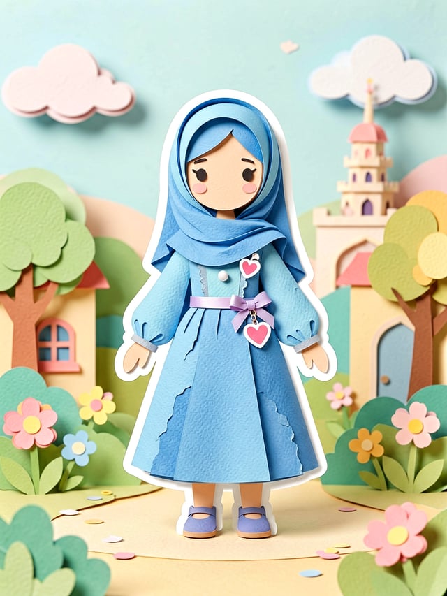 Create a Cute layered paper-cut art style illustration of a faceless cartoon girl with long hijab bl