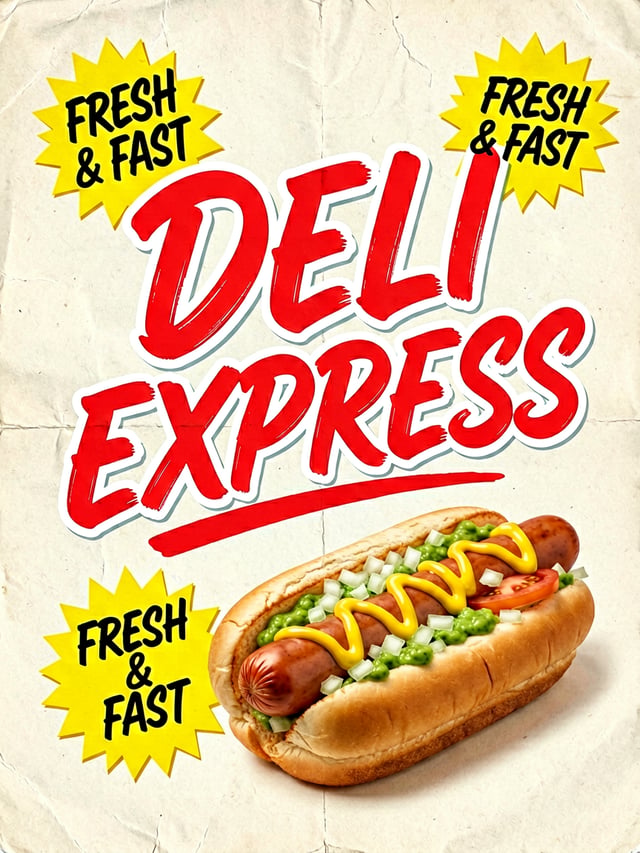 A vibrant retro fast-food advertisement poster showcasing a custom brush script display font. Bold r