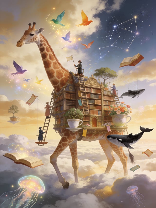 The Library Growing on a Giraffe A giant giraffe quietly walks across endless clouds carrying an eno