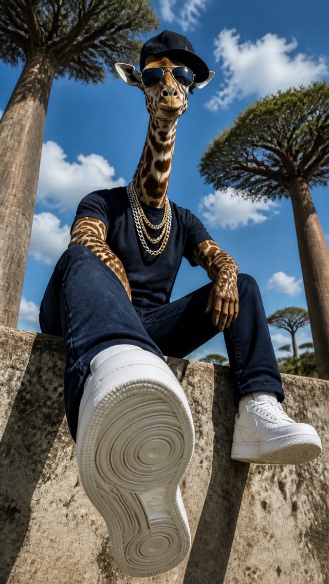 From a dramatic low-angle perspective looking upward, a tall giraffe sits casually on a weathered co