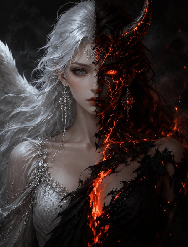 A dramatic digital painting of a split-faced figure embodying opposing forces, with the left side sh