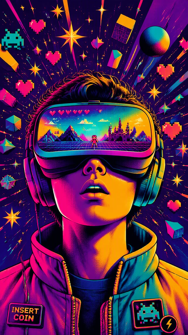 A surreal pop-art illustration of a gamer wearing a futuristic VR headset, viewed from a close-up fr