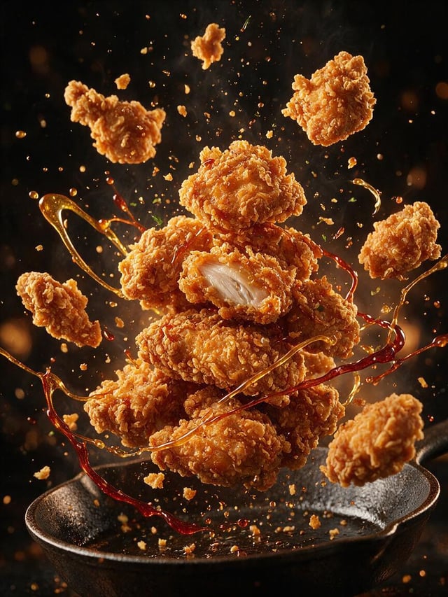 Create an ultra-realistic cinematic food advertisement featuring a towering stack of crispy fried ch