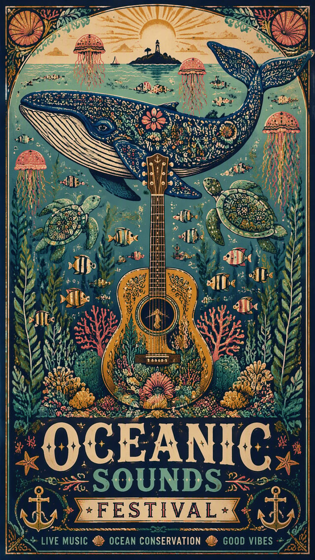 A whimsical, folk-art coastal poster illustration depicting a vibrant underwater reef full of marine