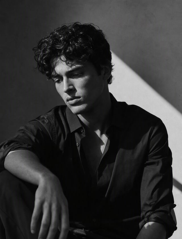 Ultra-realistic cinematic black-and-white editorial portrait, young man with thick wavy textured hai