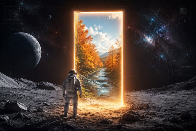 A high-impact surrealist digital wallpaper featuring a lone astronaut standing on the desolate, crat