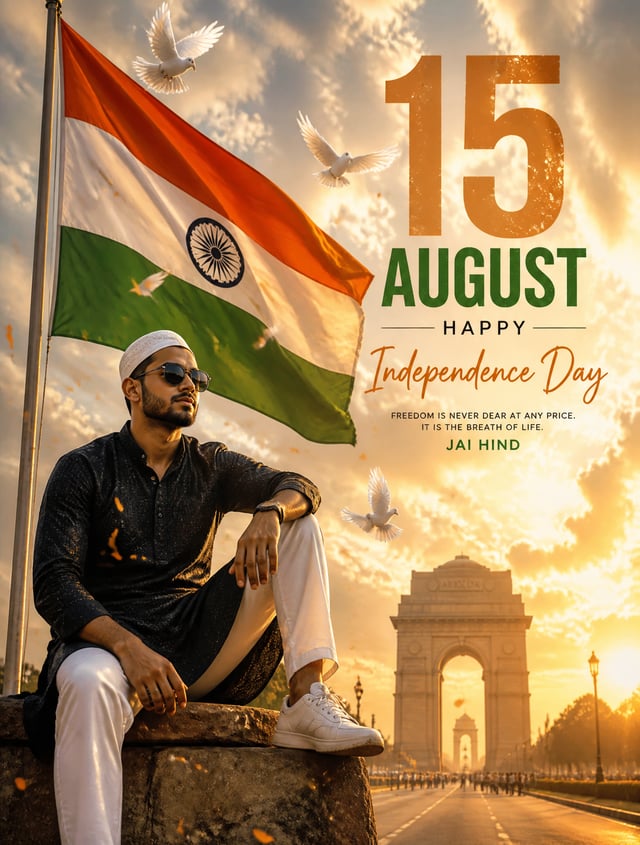 A confident Indian man in dark textured clothing, white trousers, sneakers, sunglasses, and a white 
