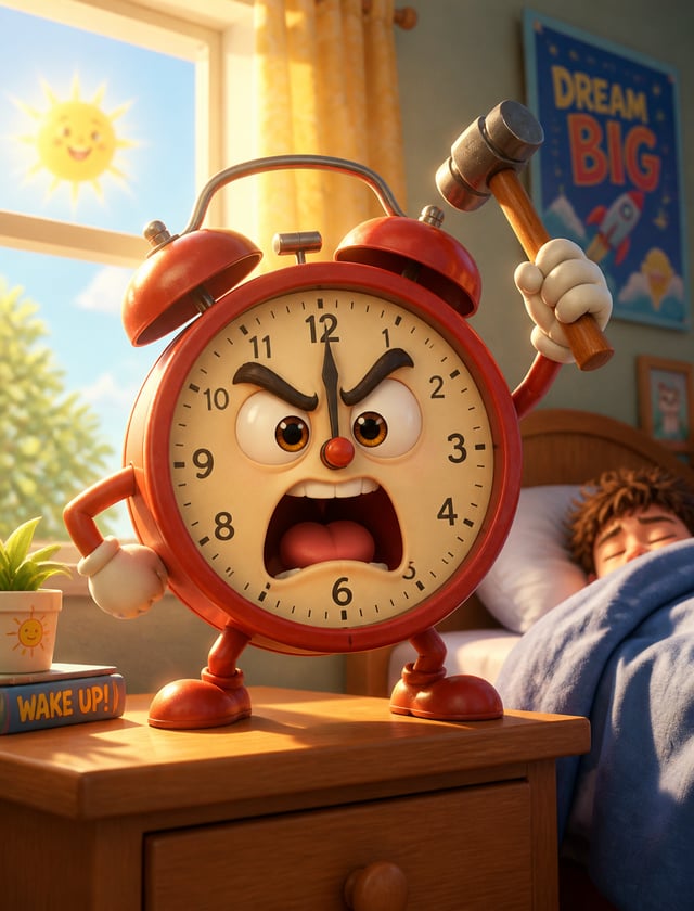 An angry-faced alarm clock holding a hammer and shouting at the camera is placed on the bedside tabl