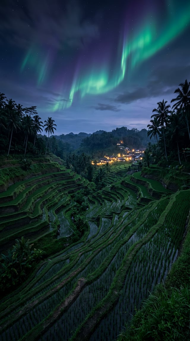 Cinematic landscape of lush Bali rice terraces at dusk, intricate layers of emerald green paddies ca