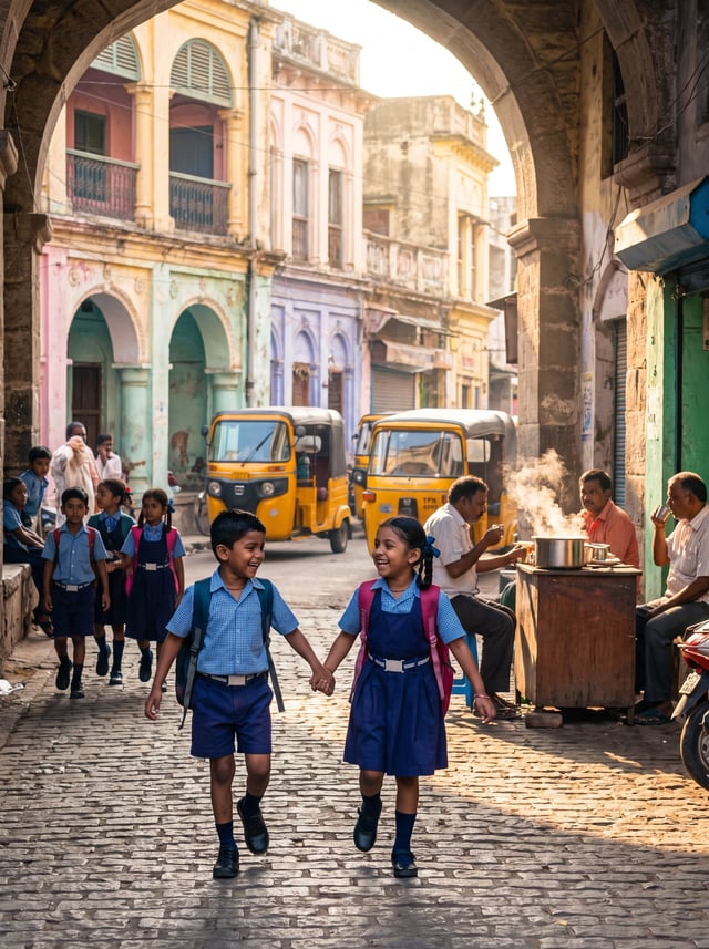 A heartwarming, vibrant street photography scene in Hyderabad, India, during early morning. Two Indi