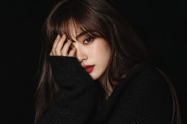 Ultra-realistic fashion beauty portrait of a stylish young woman with long silky dark-brown hair and