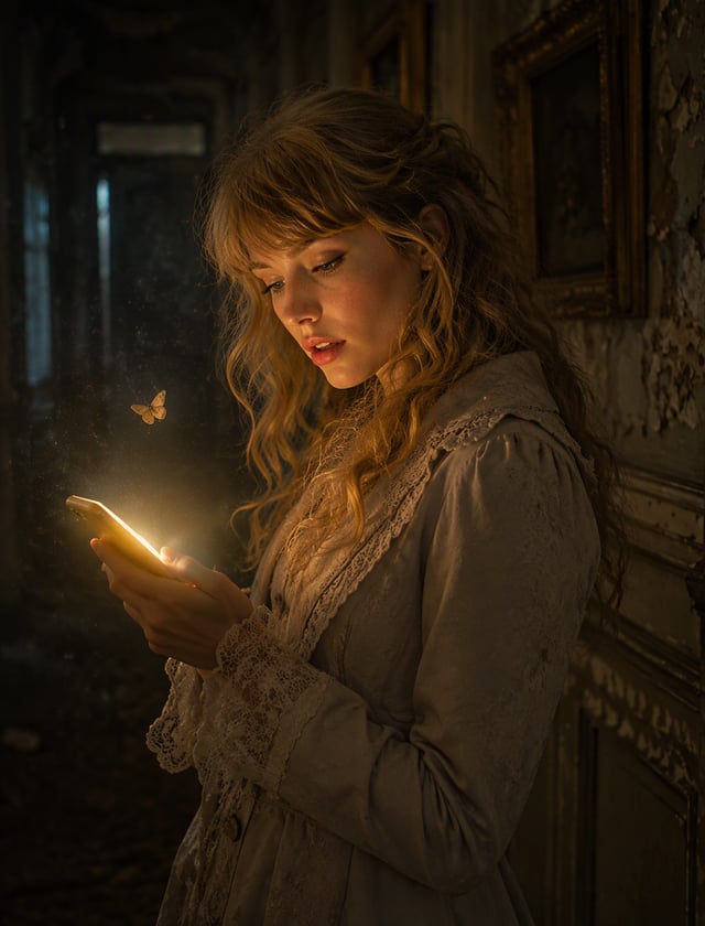 In a decaying Victorian-era hallway, Taylor Swift moves gracefully, her phone's golden light flicker