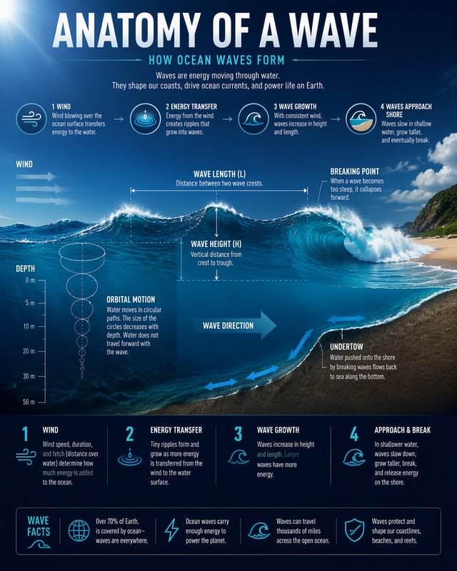 Create a clean premium infographic poster explaining "How Ocean Waves Form". FORMAT: 4:5 vertical, m