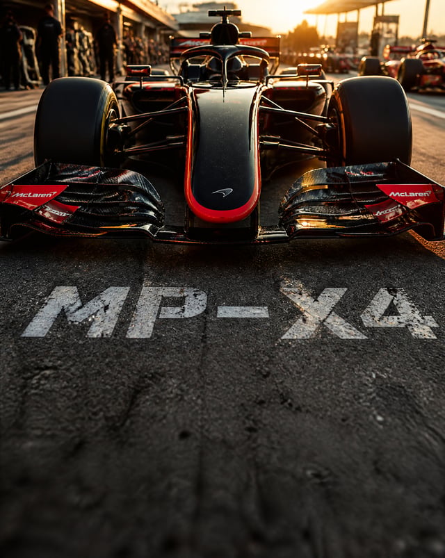 real professional close-up shoot of F1 car with black and red McLaren livery with golden hour sunlig