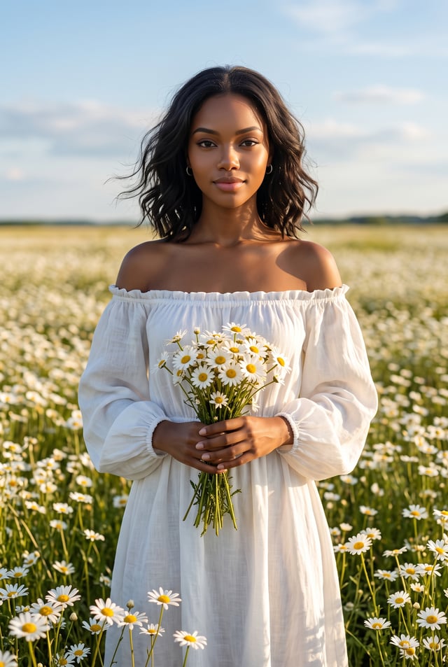 Transform the uploaded portrait [image1] so the subject is wearing a flowing white off-the-shoulder 
