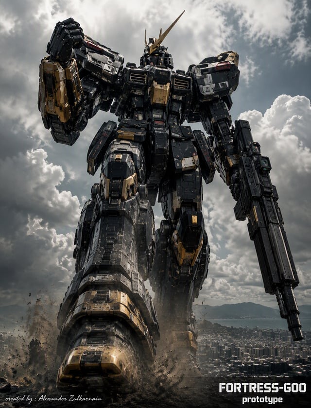 A colossal bipedal mecha robot walking directly toward the camera, viewed from an extreme low worm's